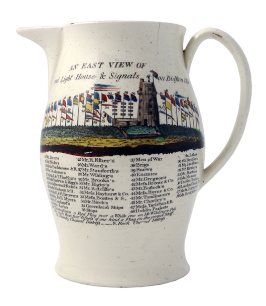 This rare inscribed and dated Liverpool creamware jug, 1793, painted and printed with ‘An East View of Liverpool Light House & Signals on Bidston Hill,’ is to be shown by Roger de Ville at the Chelsea Antiques Fair in March, priced at £1,575 ($2,500). Image courtesy Roger de Ville.